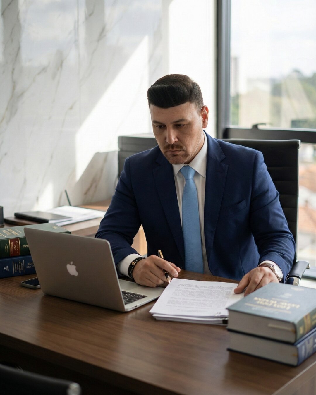 Dr. Alan Bueno Góis analisando documentação jurídica no escritório